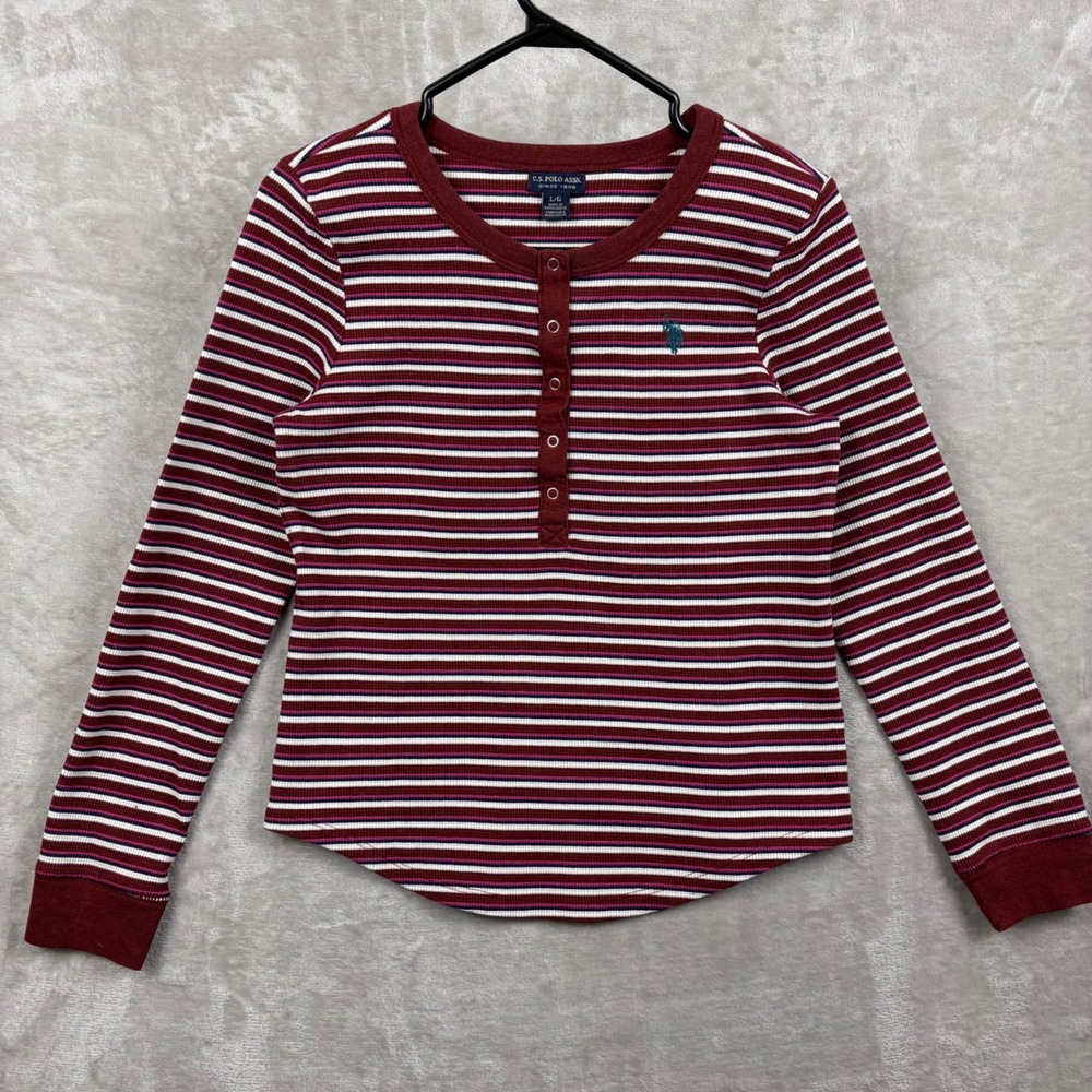 US Polo Assn Top L Long Sleeve Striped Thermal Henley Burgundy‎ Half Button